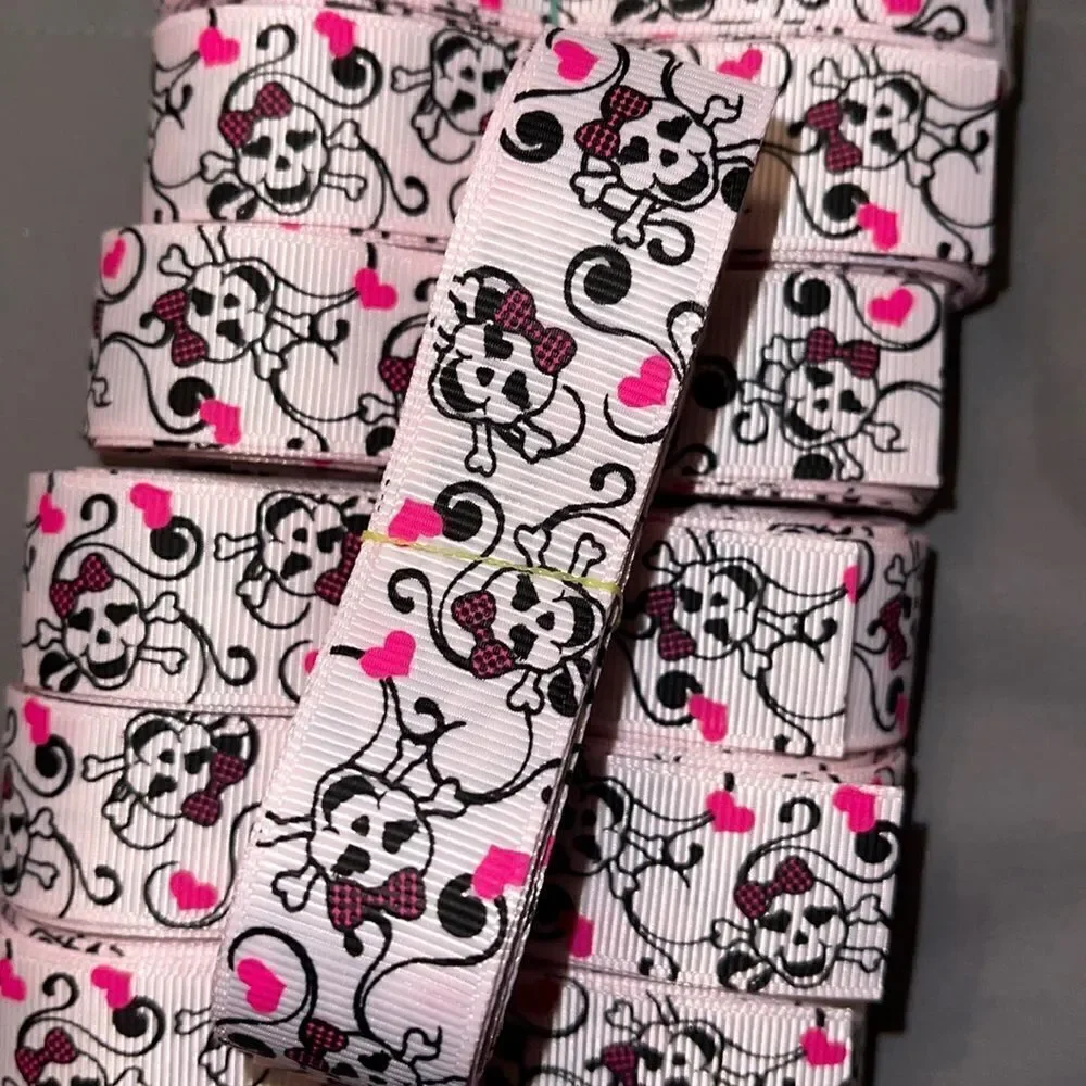 grosgrain Ribbon 7/8” NEW 5 yards beauty skulls checkers hot pink bow scrolls